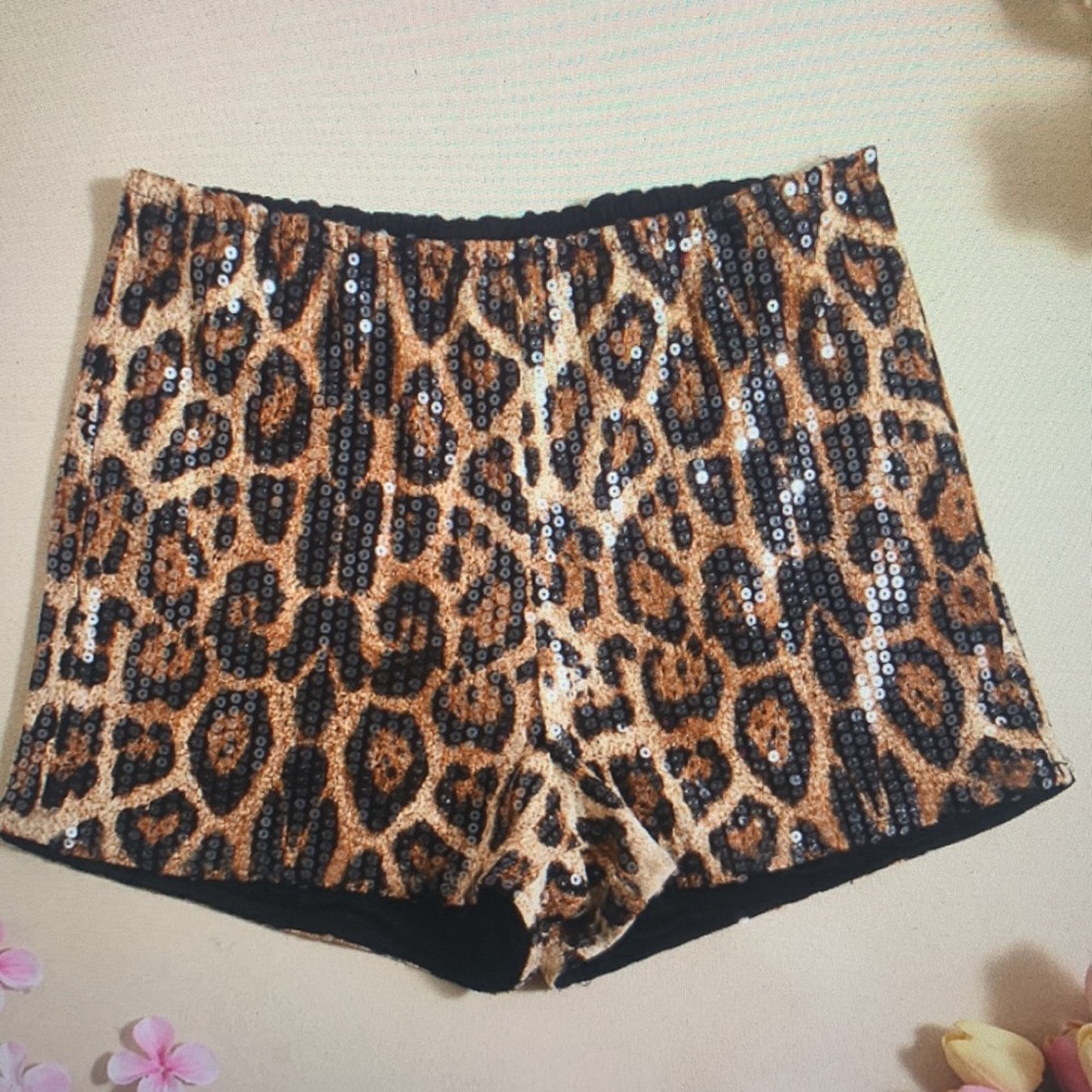 Leopard Print Sequin Women’s Shorts - Brown - Picture 2 of 5
